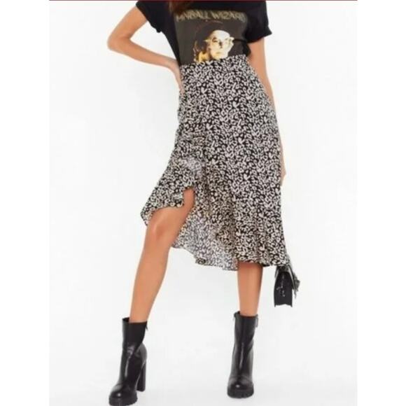 Nasty Gal Leopard Print Hi Low Midi Skirt, Flowy Sz 0 Black & Cream - Picture 1 of 9